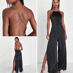 NWT Lulus Backless, split leg, black satin jumpsuit